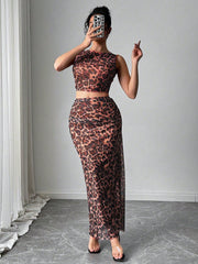 Rafferiza Women Elegant Leopard Print Sleeveless Tank And Mini Skirt 2 Pieces Set