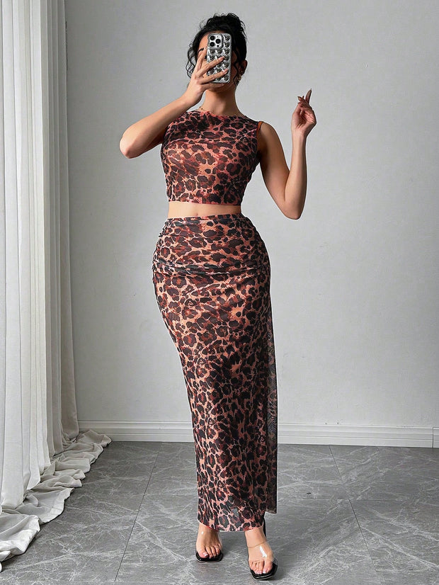 Rafferiza Women Elegant Leopard Print Sleeveless Tank And Mini Skirt 2 Pieces Set