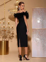 Modphy Feather Decor Sexy Women's V-Neck Open Shoulder Backless Bandage Midi Dress, Elegant, Formal Gown