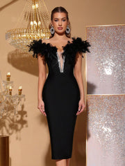 Modphy Feather Decor Sexy Women's V-Neck Open Shoulder Backless Bandage Midi Dress, Elegant, Formal Gown