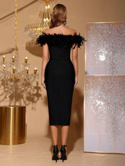 Modphy Feather Decor Sexy Women's V-Neck Open Shoulder Backless Bandage Midi Dress, Elegant, Formal Gown