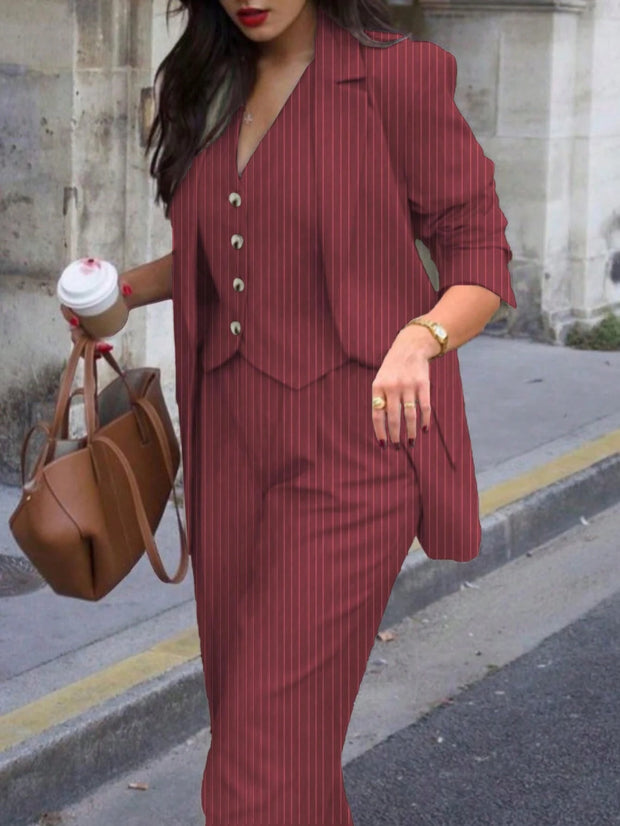 3pcs Women Spring/Summer Casual/Office Wear Striped Jacket, Vest And Pants Set