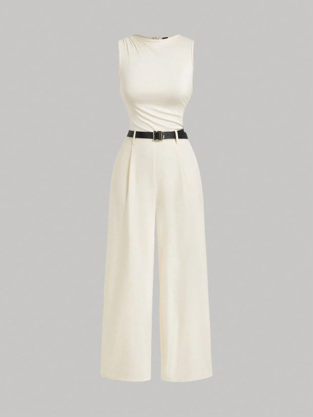 SHEIN MOD 1pc Women Pleated Jumpsuit With Belt, Casual Style