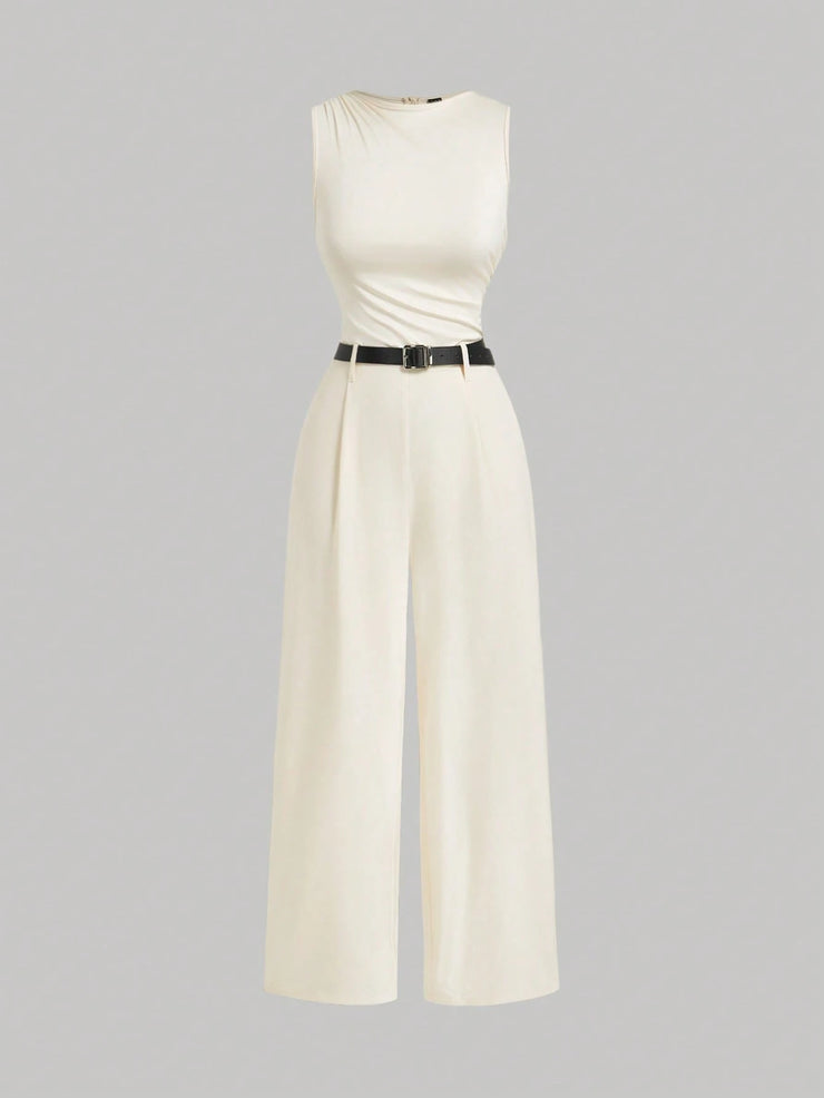 SHEIN MOD 1pc Women Pleated Jumpsuit With Belt, Casual Style