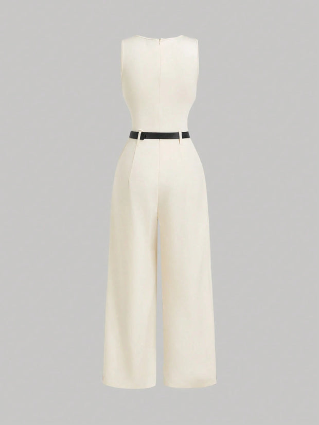 SHEIN MOD 1pc Women Pleated Jumpsuit With Belt, Casual Style