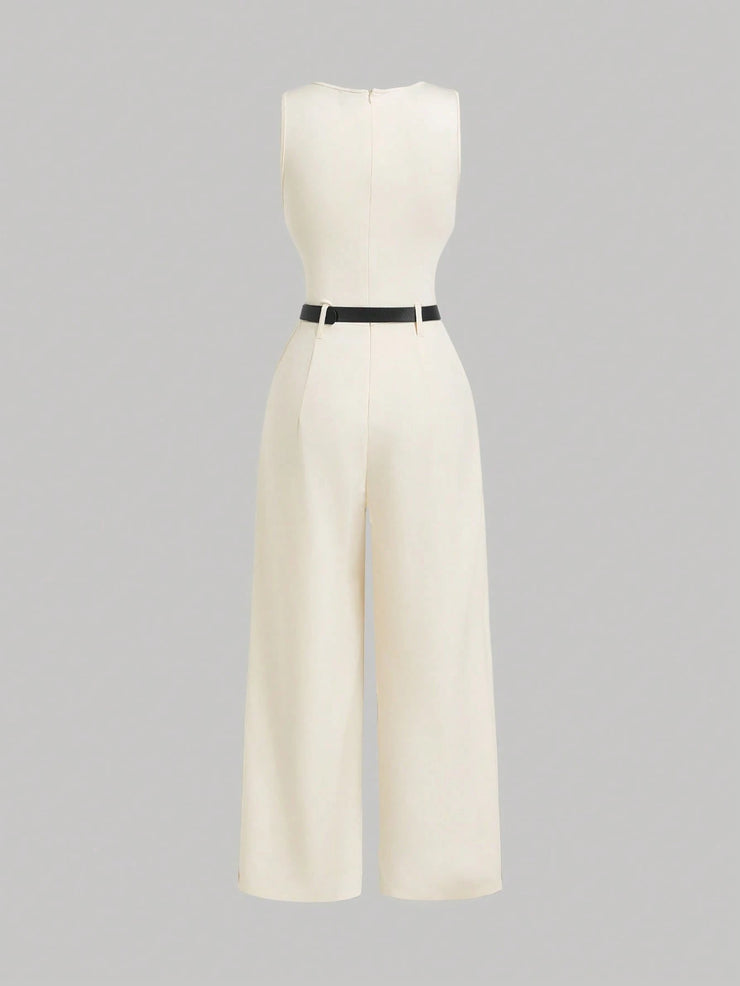 SHEIN MOD 1pc Women Pleated Jumpsuit With Belt, Casual Style