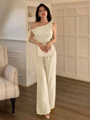 abyoxi Sexy Asymmetric Neck Oblique Shoulder Tie Strap Tighten Waist Simple Top & Wide Leg Pants Two Pieces Set
