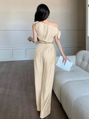 abyoxi Sexy Asymmetric Neck Oblique Shoulder Tie Strap Tighten Waist Simple Top & Wide Leg Pants Two Pieces Set