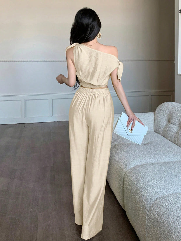 abyoxi Sexy Asymmetric Neck Oblique Shoulder Tie Strap Tighten Waist Simple Top & Wide Leg Pants Two Pieces Set