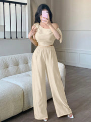 abyoxi Sexy Asymmetric Neck Oblique Shoulder Tie Strap Tighten Waist Simple Top & Wide Leg Pants Two Pieces Set