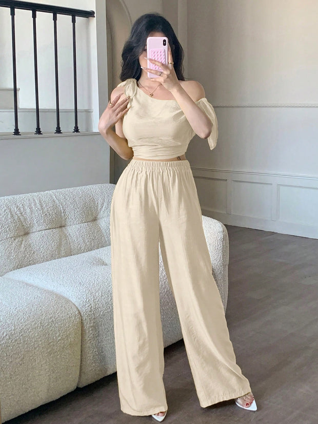 abyoxi Sexy Asymmetric Neck Oblique Shoulder Tie Strap Tighten Waist Simple Top & Wide Leg Pants Two Pieces Set