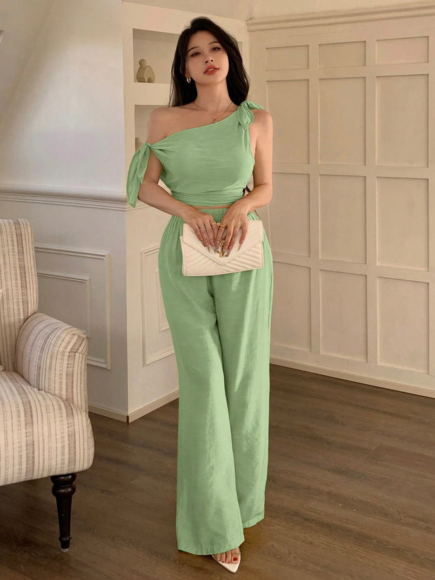 abyoxi Sexy Asymmetric Neck Oblique Shoulder Tie Strap Tighten Waist Simple Top & Wide Leg Pants Two Pieces Set