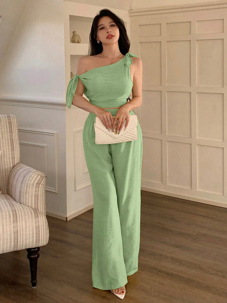 abyoxi Sexy Asymmetric Neck Oblique Shoulder Tie Strap Tighten Waist Simple Top & Wide Leg Pants Two Pieces Set