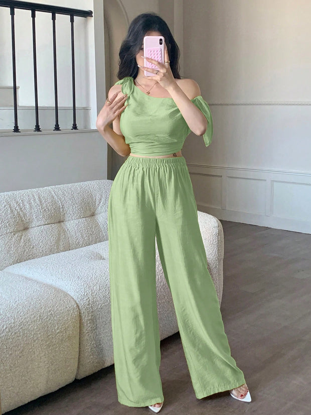 abyoxi Sexy Asymmetric Neck Oblique Shoulder Tie Strap Tighten Waist Simple Top & Wide Leg Pants Two Pieces Set
