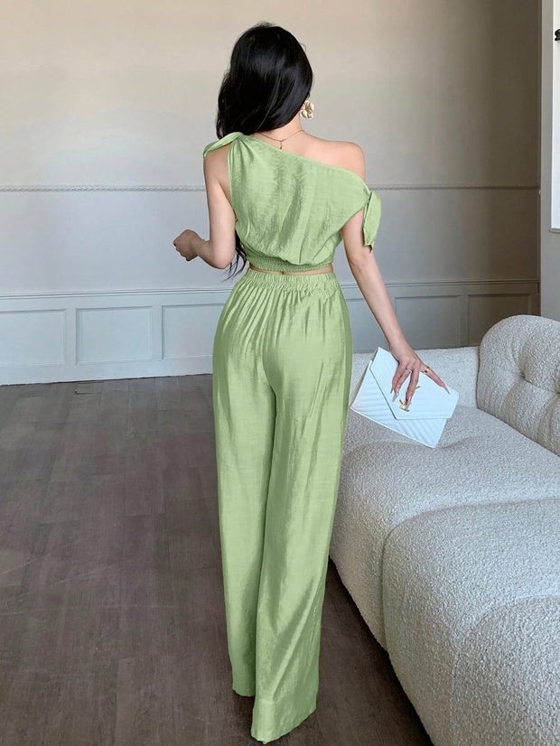 abyoxi Sexy Asymmetric Neck Oblique Shoulder Tie Strap Tighten Waist Simple Top & Wide Leg Pants Two Pieces Set