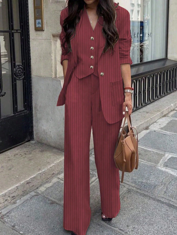 3pcs Women Spring/Summer Casual/Office Wear Striped Jacket, Vest And Pants Set