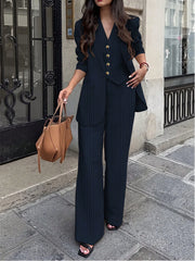 3pcs Women Spring/Summer Casual/Office Wear Striped Jacket, Vest And Pants Set