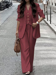 3pcs Women Spring/Summer Casual/Office Wear Striped Jacket, Vest And Pants Set