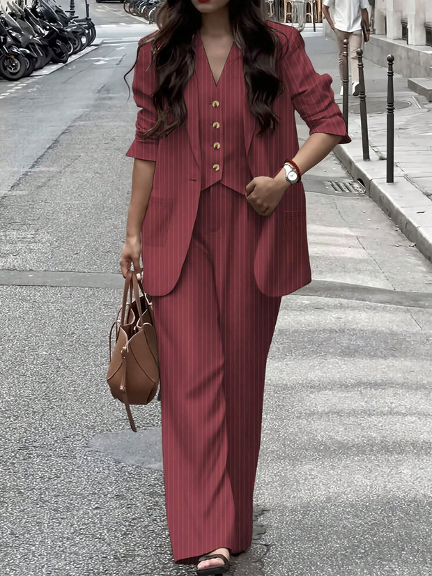 3pcs Women Spring/Summer Casual/Office Wear Striped Jacket, Vest And Pants Set