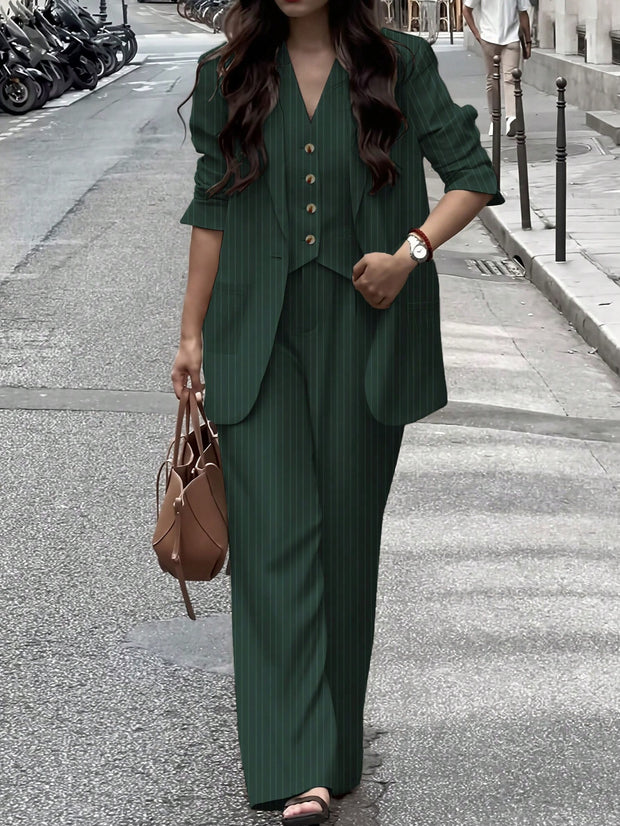 3pcs Women Spring/Summer Casual/Office Wear Striped Jacket, Vest And Pants Set