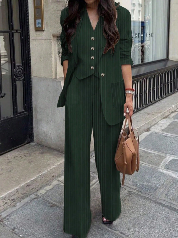 3pcs Women Spring/Summer Casual/Office Wear Striped Jacket, Vest And Pants Set