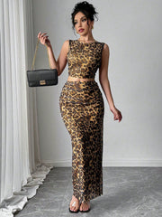 Rafferiza Women Elegant Leopard Print Sleeveless Tank And Mini Skirt 2 Pieces Set