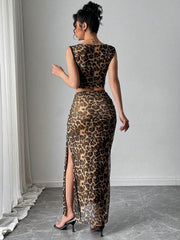 Rafferiza Women Elegant Leopard Print Sleeveless Tank And Mini Skirt 2 Pieces Set