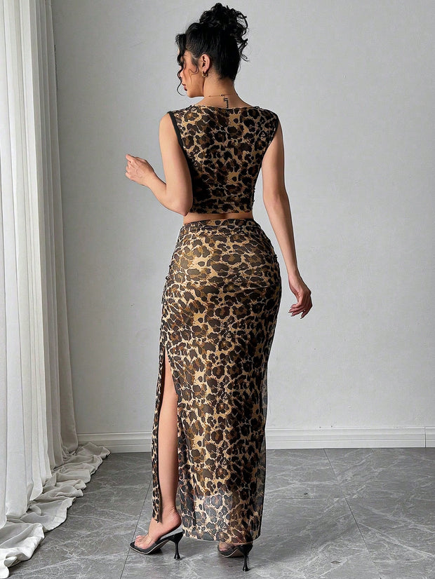 Rafferiza Women Elegant Leopard Print Sleeveless Tank And Mini Skirt 2 Pieces Set