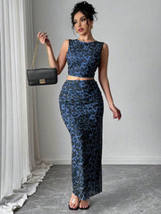 Rafferiza Women Elegant Leopard Print Sleeveless Tank And Mini Skirt 2 Pieces Set