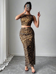 Rafferiza Women Elegant Leopard Print Sleeveless Tank And Mini Skirt 2 Pieces Set