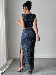 Rafferiza Women Elegant Leopard Print Sleeveless Tank And Mini Skirt 2 Pieces Set