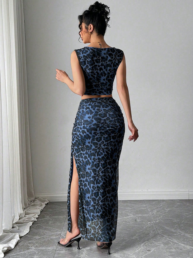 Rafferiza Women Elegant Leopard Print Sleeveless Tank And Mini Skirt 2 Pieces Set