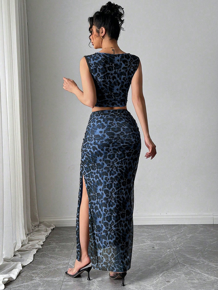 Rafferiza Women Elegant Leopard Print Sleeveless Tank And Mini Skirt 2 Pieces Set
