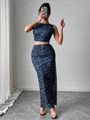 Rafferiza Women Elegant Leopard Print Sleeveless Tank And Mini Skirt 2 Pieces Set