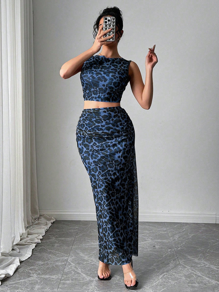 Rafferiza Women Elegant Leopard Print Sleeveless Tank And Mini Skirt 2 Pieces Set