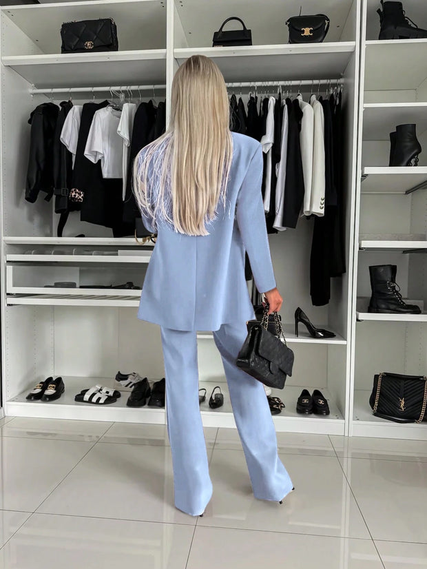 Elegant Double-Breasted Padded Shoulder Straight Leg Flared Pants Ladies 2 Pieces Suit