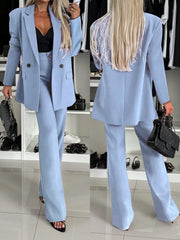 Elegant Double-Breasted Padded Shoulder Straight Leg Flared Pants Ladies 2 Pieces Suit