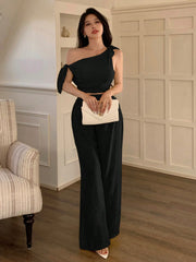 abyoxi Sexy Asymmetric Neck Oblique Shoulder Tie Strap Tighten Waist Simple Top & Wide Leg Pants Two Pieces Set