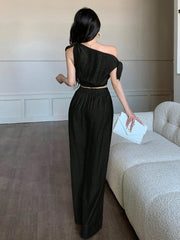 abyoxi Sexy Asymmetric Neck Oblique Shoulder Tie Strap Tighten Waist Simple Top & Wide Leg Pants Two Pieces Set