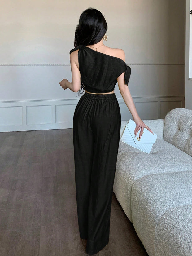 abyoxi Sexy Asymmetric Neck Oblique Shoulder Tie Strap Tighten Waist Simple Top & Wide Leg Pants Two Pieces Set