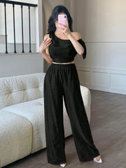 abyoxi Sexy Asymmetric Neck Oblique Shoulder Tie Strap Tighten Waist Simple Top & Wide Leg Pants Two Pieces Set
