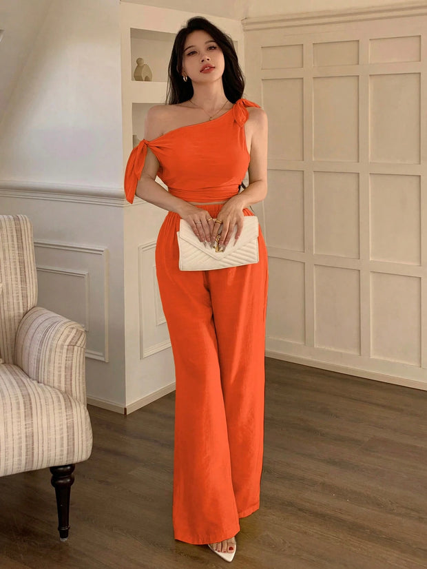 abyoxi Sexy Asymmetric Neck Oblique Shoulder Tie Strap Tighten Waist Simple Top & Wide Leg Pants Two Pieces Set