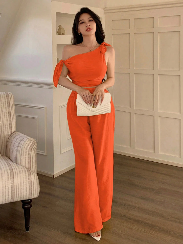 abyoxi Sexy Asymmetric Neck Oblique Shoulder Tie Strap Tighten Waist Simple Top & Wide Leg Pants Two Pieces Set