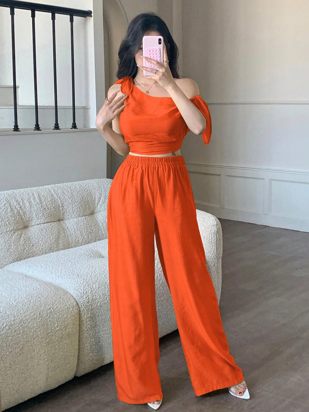 abyoxi Sexy Asymmetric Neck Oblique Shoulder Tie Strap Tighten Waist Simple Top & Wide Leg Pants Two Pieces Set