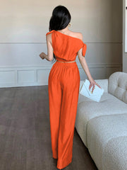 abyoxi Sexy Asymmetric Neck Oblique Shoulder Tie Strap Tighten Waist Simple Top & Wide Leg Pants Two Pieces Set