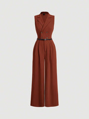 Elegant Lapel Neck Waist Wide Leg Jumpsuit, Casual Daily Women