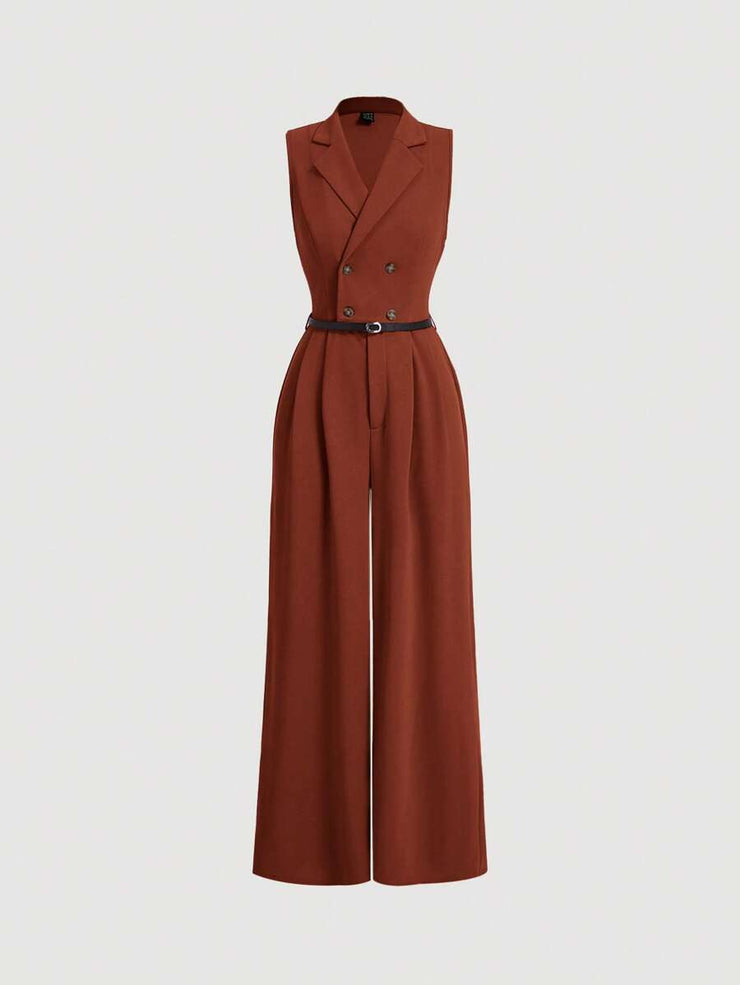 Elegant Lapel Neck Waist Wide Leg Jumpsuit, Casual Daily Women