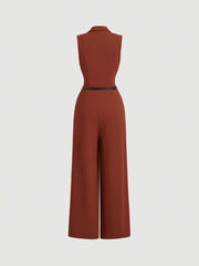 Elegant Lapel Neck Waist Wide Leg Jumpsuit, Casual Daily Women