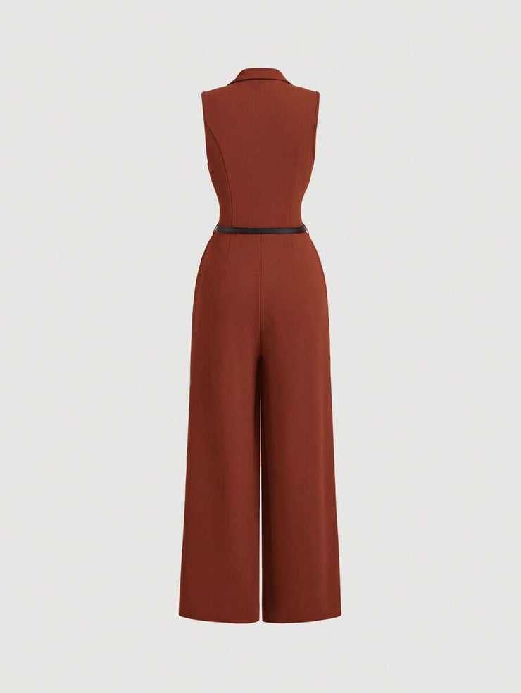 Elegant Lapel Neck Waist Wide Leg Jumpsuit, Casual Daily Women