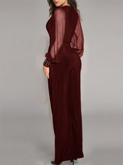 Women's Elegant Deep V-Neck Long Sleeve Mesh Patchwork Jumpsuit